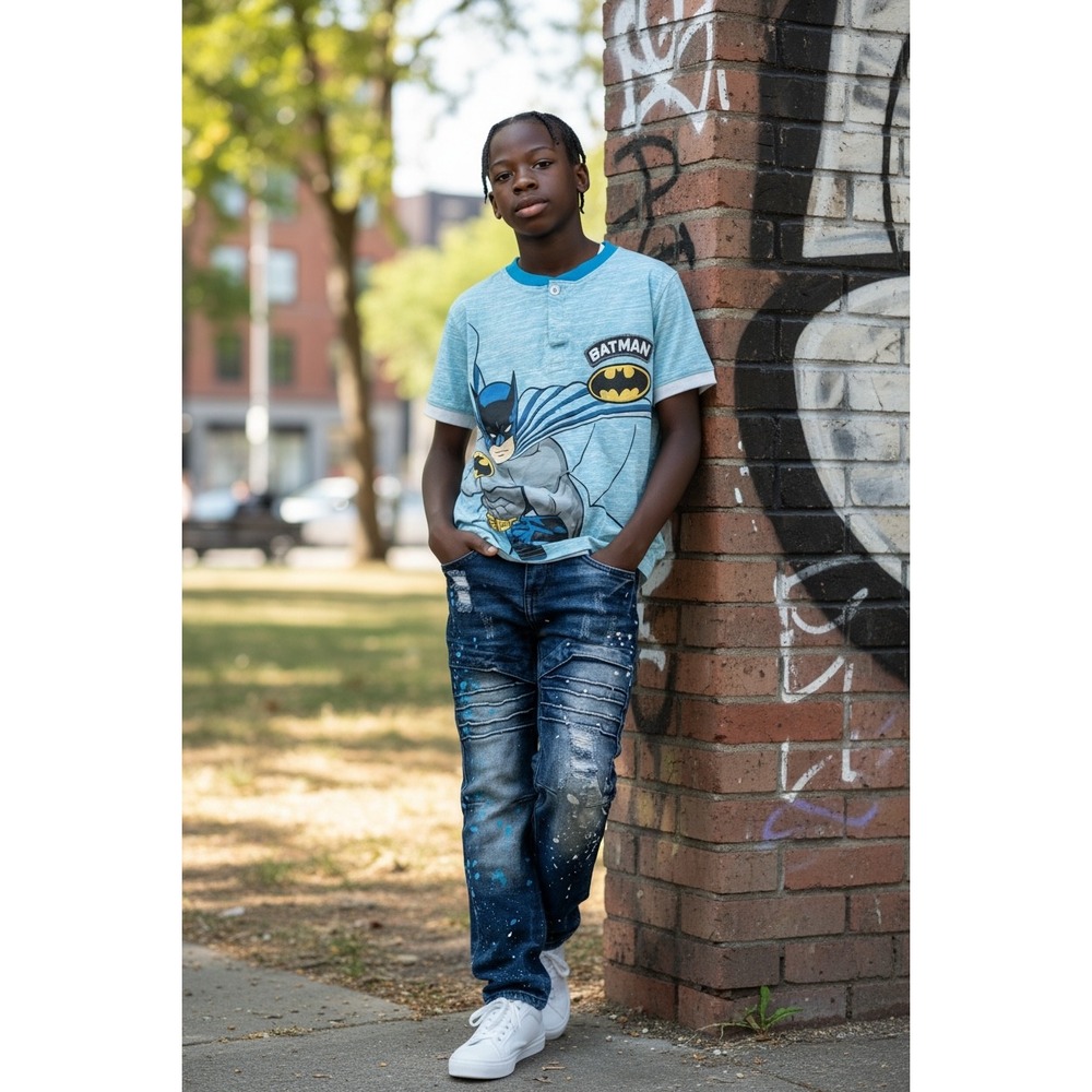 Batman Henley Shirt and Iron Dynasty Distressed Paint Splatter Moto Jeans Set 4T